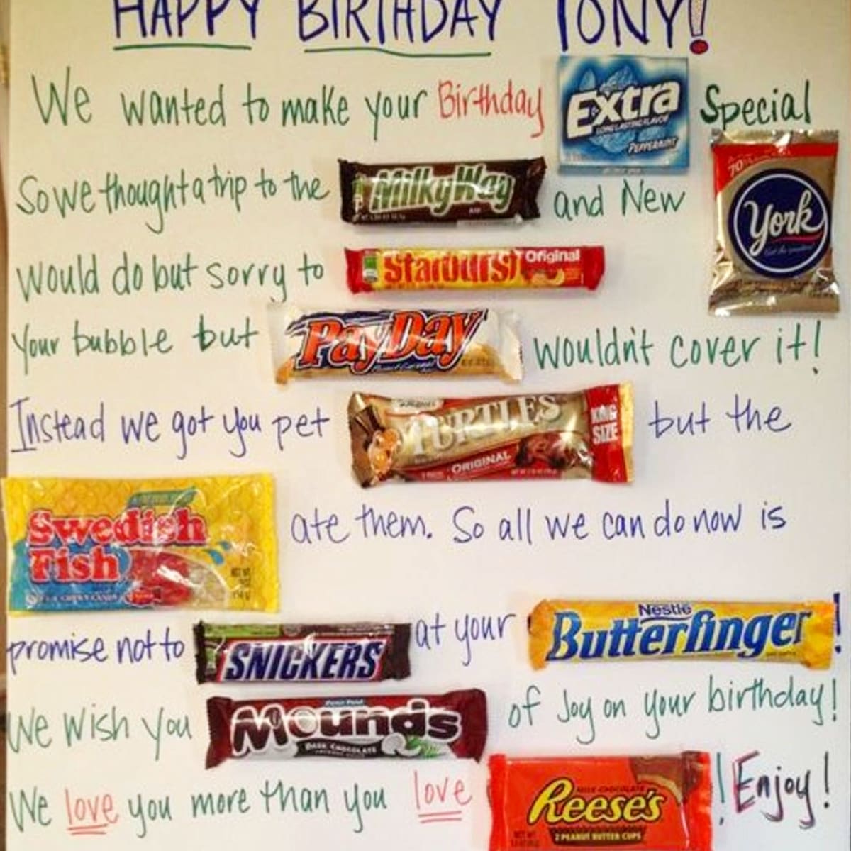 Easy DIY gift ideas - LOVE these birthday candy poster ideas to make for his (or her) birthday party!  This is a great candy poster card to give from a group!